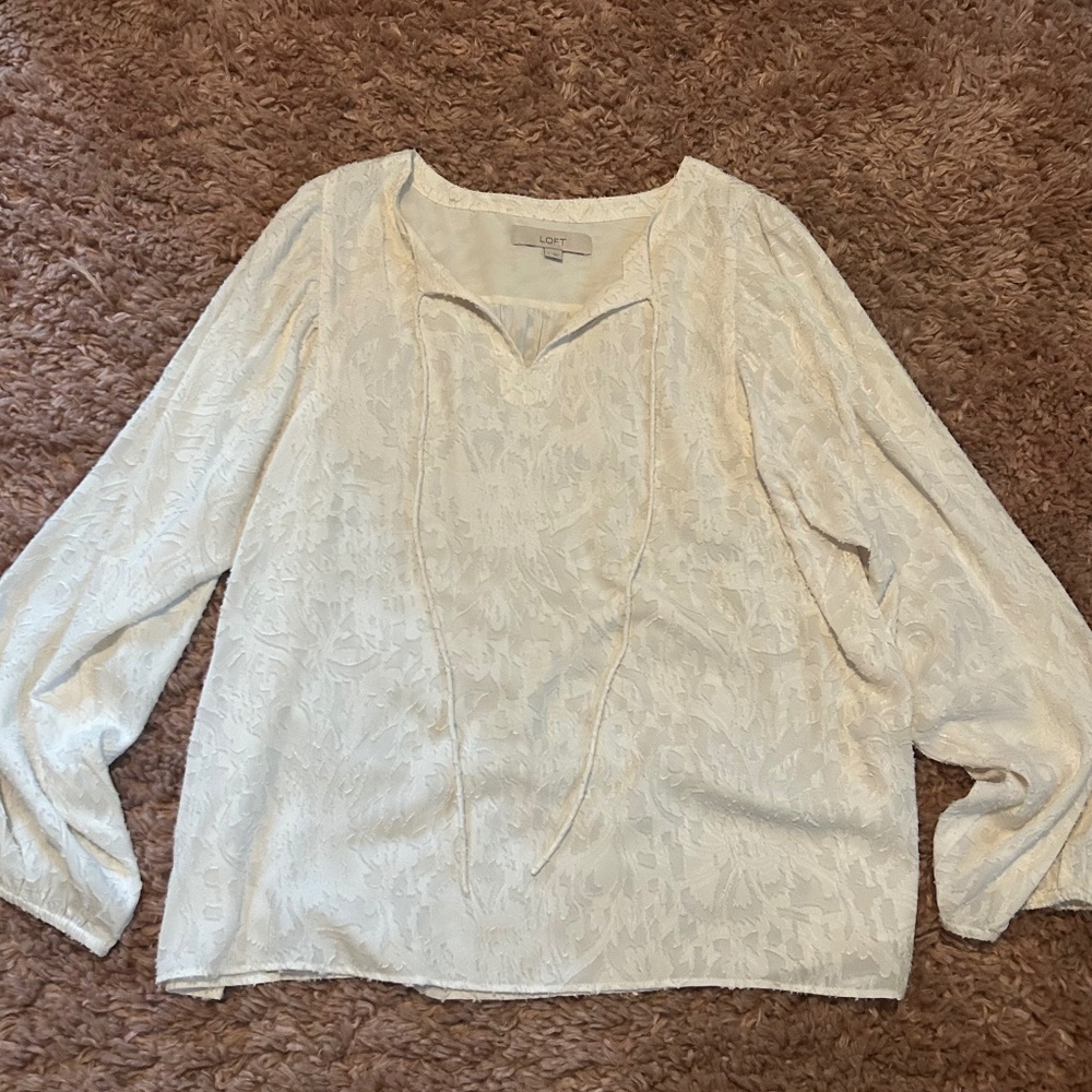 LOFT Woven Textured Polyester Tie Front Pop-Over Tunic Blouse / Size L